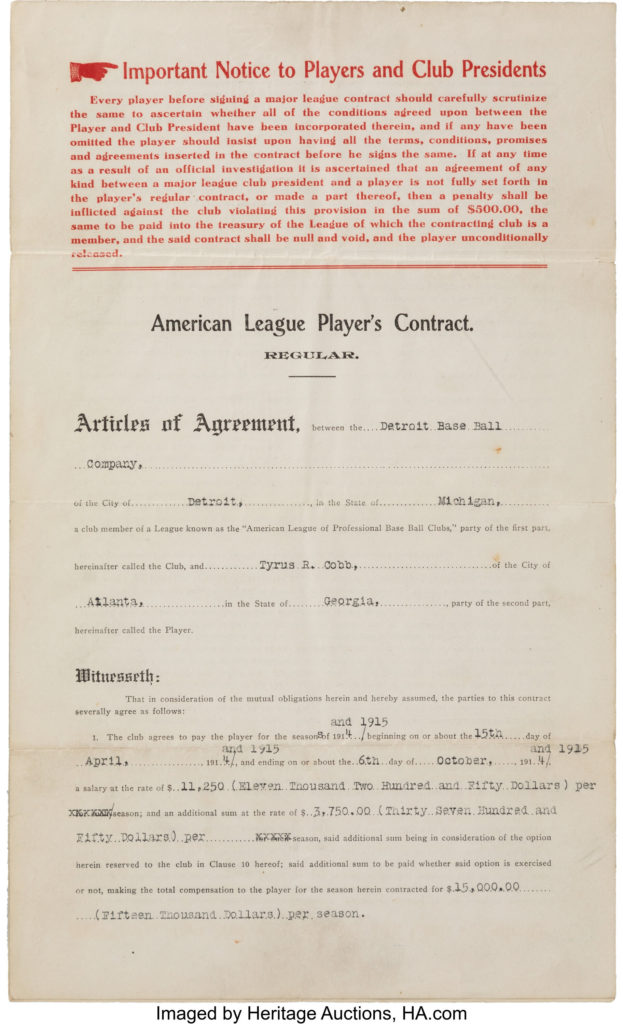 Ty Cobb player's contract